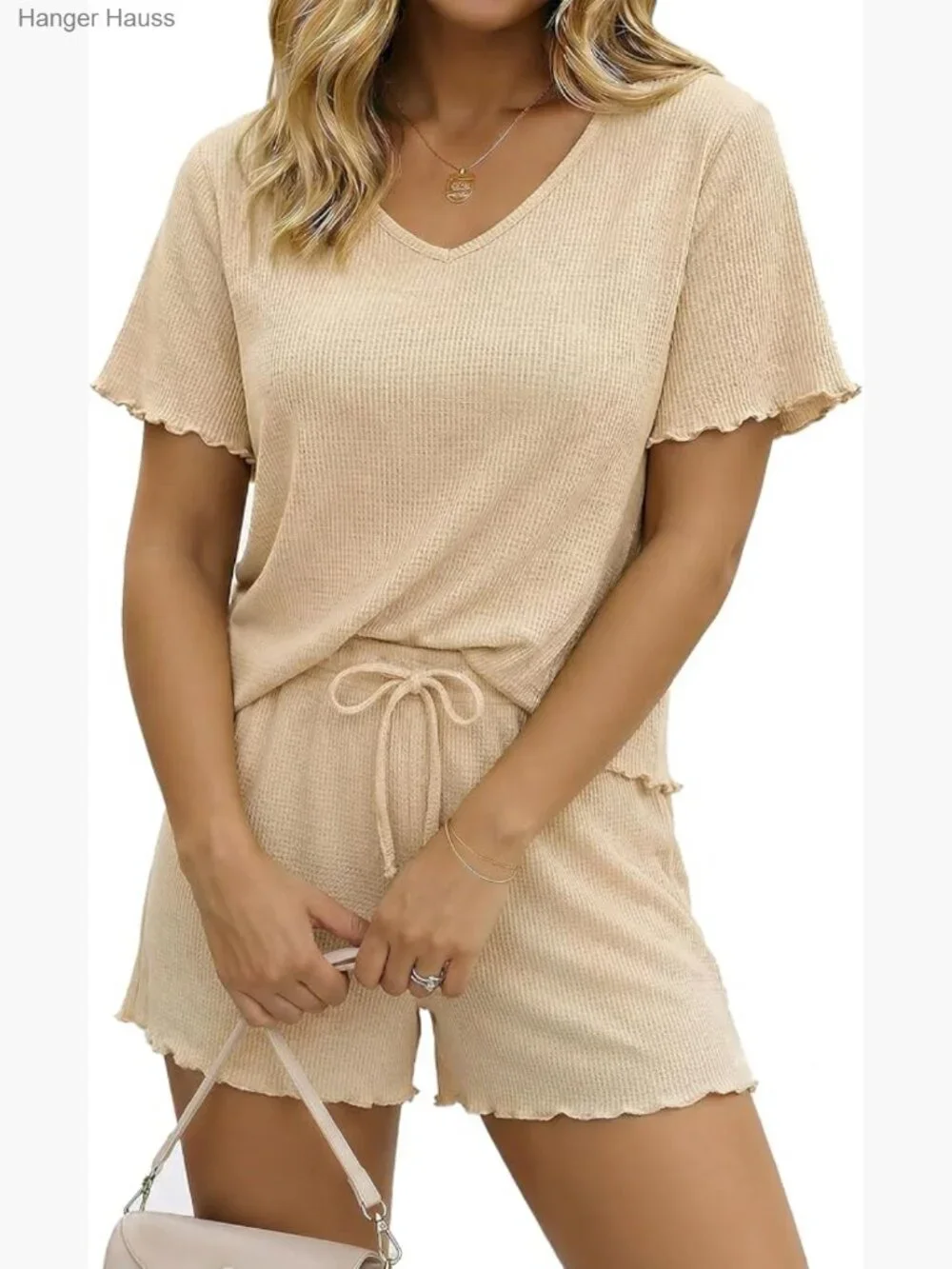 Waffle Knit 2 Piece Lounge Set V Neck Short Sleeve Ruffled Shorts